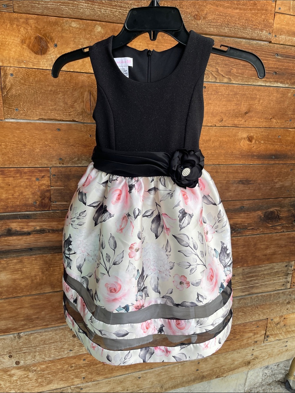 Bonnie Jean Girls Size 6X Black Pink Floral Sparkle Party Dress Flower Accent